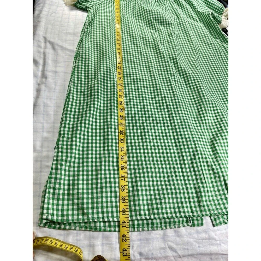 Vintage-Style Green Gingham Crochet Lace Collar House Dress - Size L/XL - Picture 11 of 16